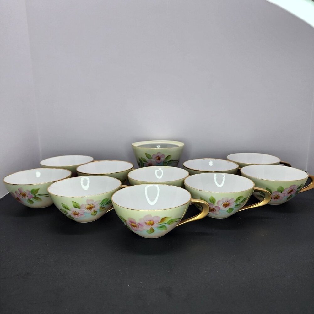 Vtg Sango Fine China Japan Teacups Dogwood Floral Gold Trim Design SET OF 10